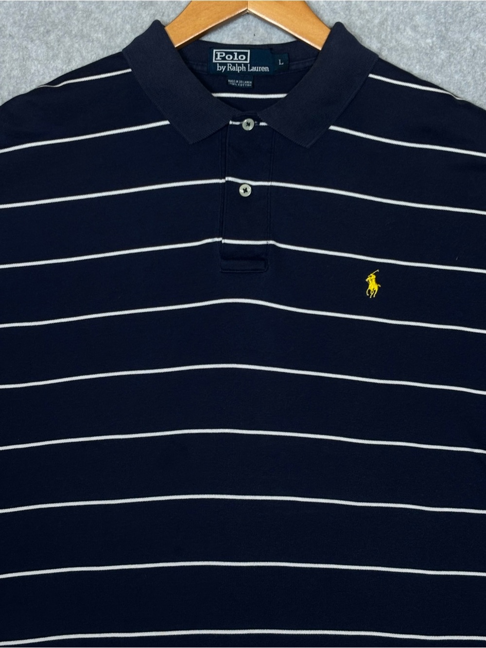 Polo by Ralph Lauren Navy Blue White Striped Polo with Yellow Pony